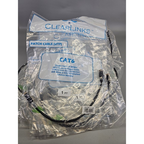 ClearLinks Cat6 Patch Cable 10pc 1ft New Gigabit 550MHz Copper UTP C6-BK-01-M